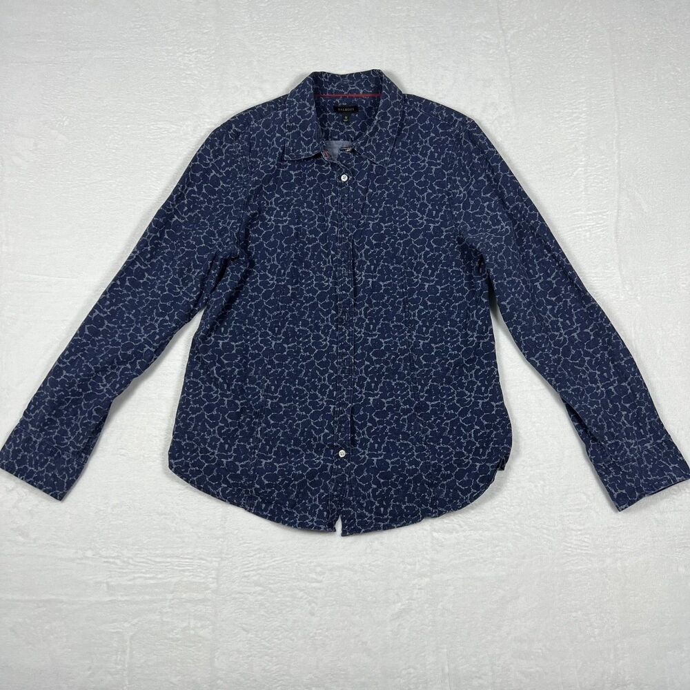 Talbots Womens Button Up Shirt Size 12 Navy Blue Crackle Print Roll Tab Sleeve